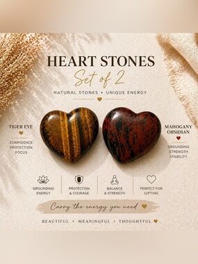 Tiger Eye & Mahogony Obsidian Heart Stones Set of 2 Polished Natural